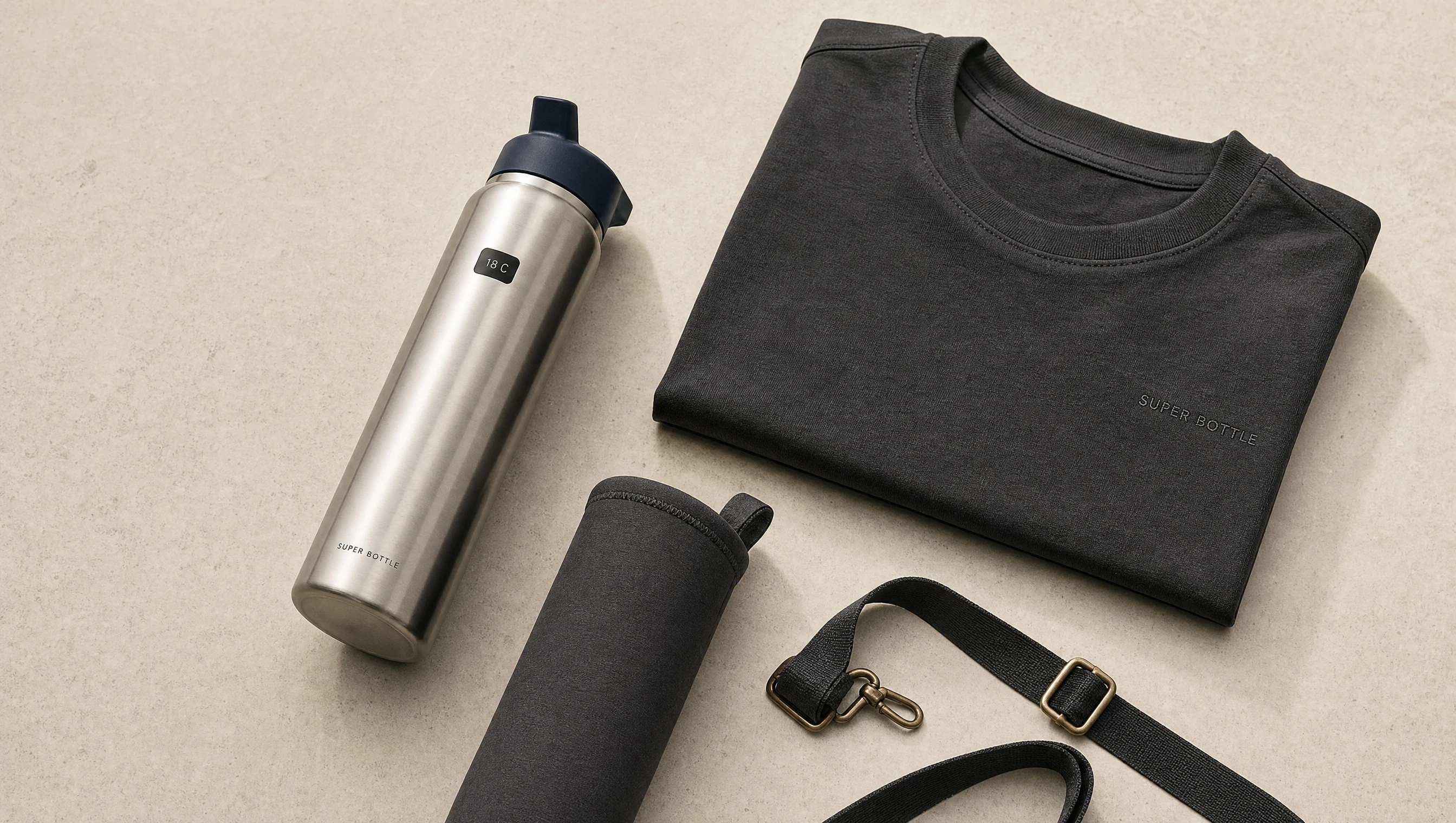 Super Bottle concept with a protective sleeve, carry sling and charcoal team shirt