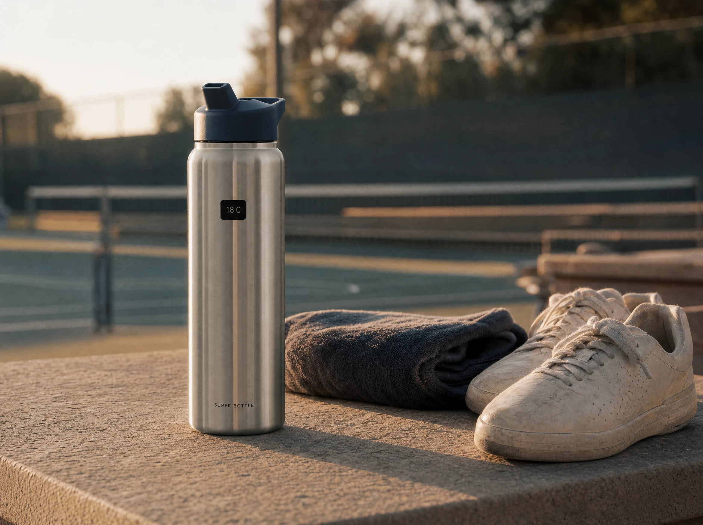 Super Bottle concept beside a towel and tennis shoes in warm morning light